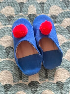 Kids Blue Slip-On Shoes with pink Pom Poms